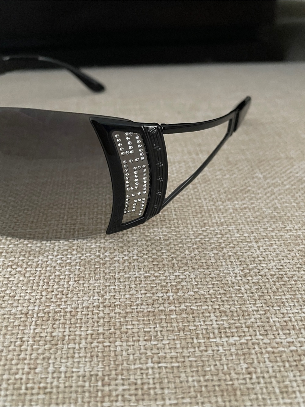Versace Black Shield Sunglasses with Smoke Lenses and Silver Crystal Temples - Picture 6 of 6